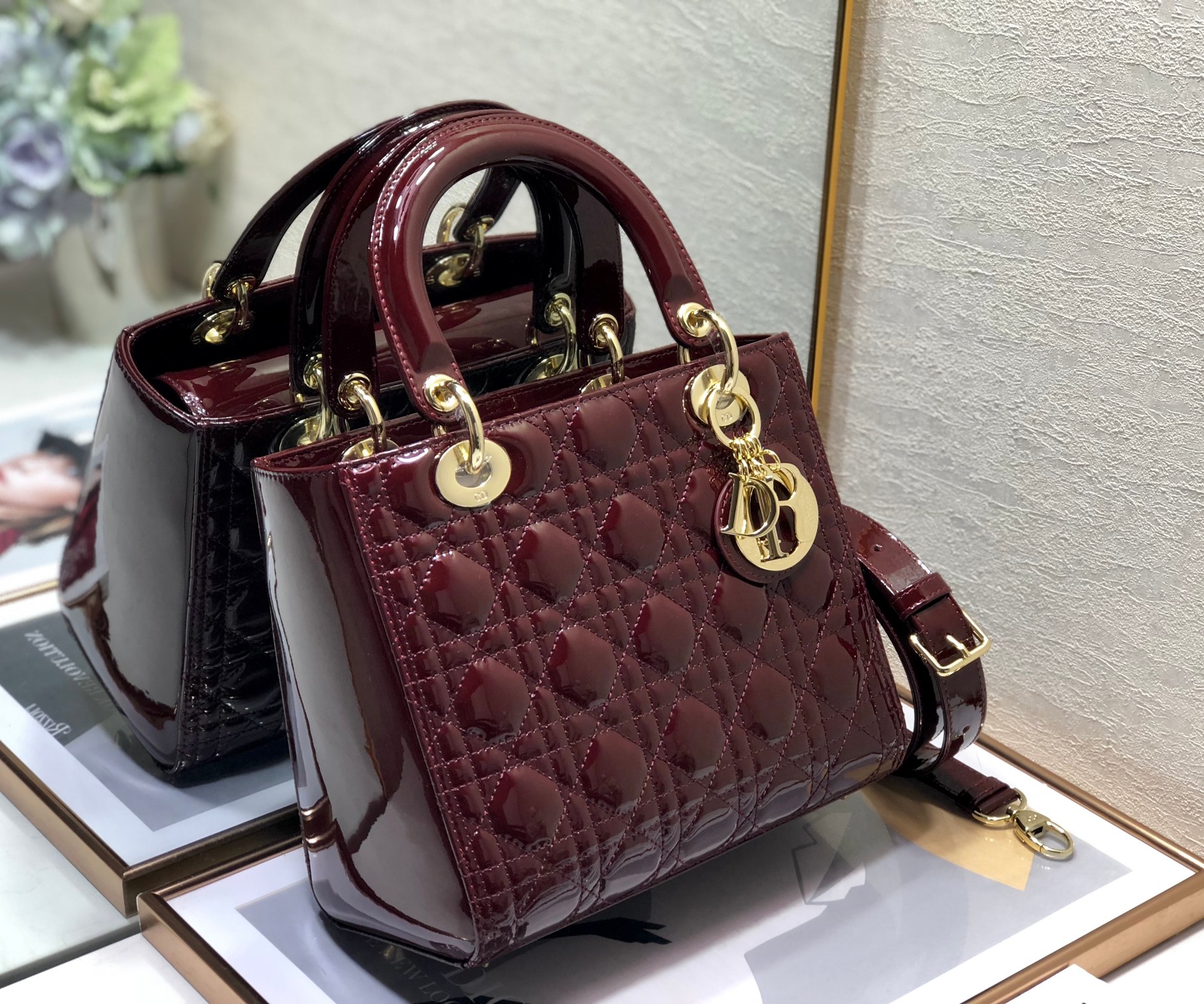 Medium Lady Dior Bag Burgundy Patent Cannage Calfskin